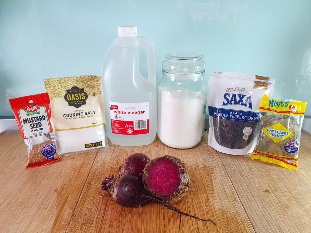 Refrigerator pickled beets 3 Refrigerator pickled beets ingredients, mustard seeds, salt, white vinegar, white sugar, whole black pepper corns, whole bay leaves, whole fresh beets.