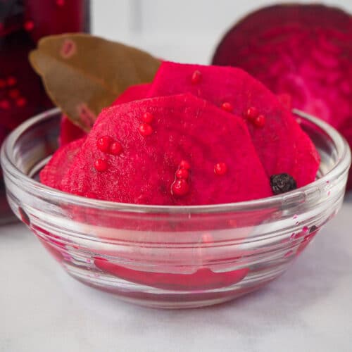 Refrigerator pickled beets 32 Close up bowl refrigerator pickled beets in a small glass bowl.