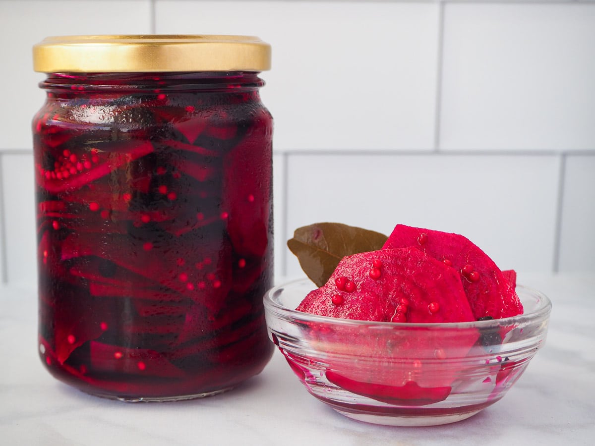 Refrigerator pickled beets 14 Jar of pickled beets with small glass bowl refrigerator pickled beets