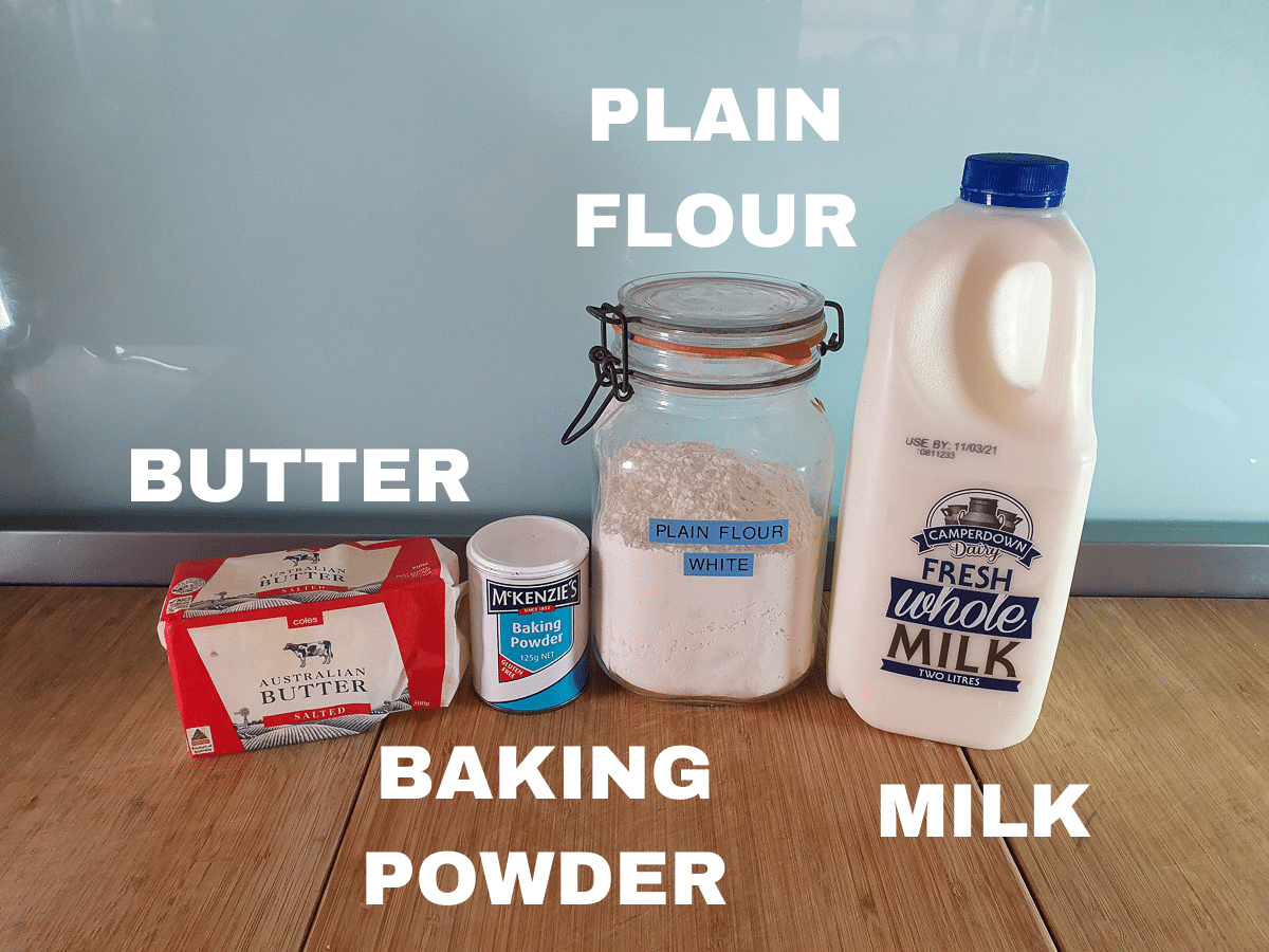 Damper 2 Damper ingredients, butter, baking powder, plain flour, milk.