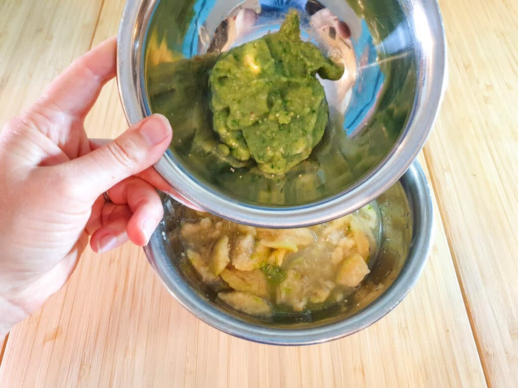 Feijoa muffins 6 Adding whole blitzed feijoa to mashed feijoa pulp.