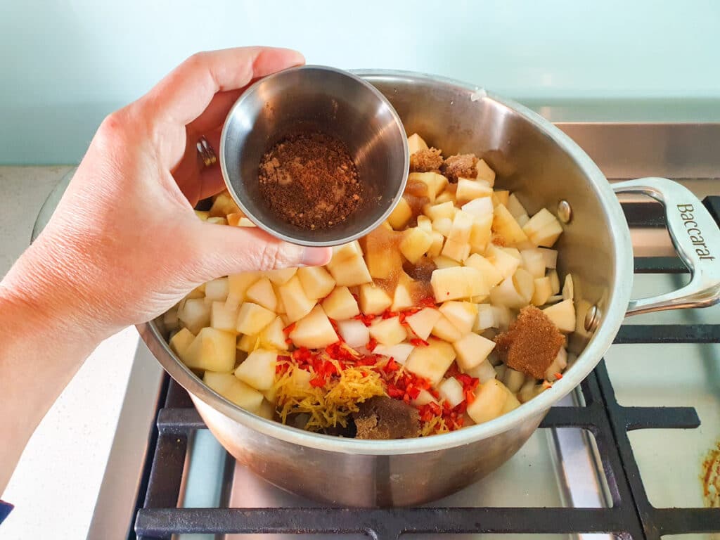 Feijoa chutney 12 Adding spices to pot.