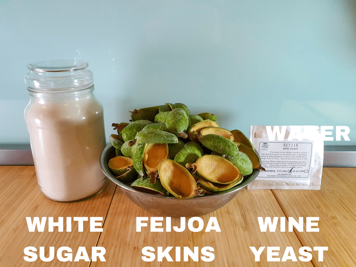 Feijoa fizz 2 Feijoa fizz ingredients, white sugar, feijoa skins, champagne/wine yeast (optional), water (not pictured).