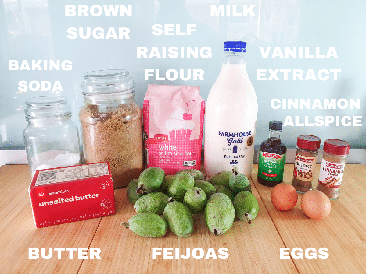 Feijoa loaf 2 Feijoa loaf ingredients, feijoas, butter, eggs, baking soda, brown sugar, self raising flour, milk, vanilla extract, cinnamon, all spice.