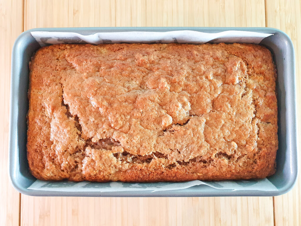 Feijoa loaf 15 Baked loaf in tin out of the oven.