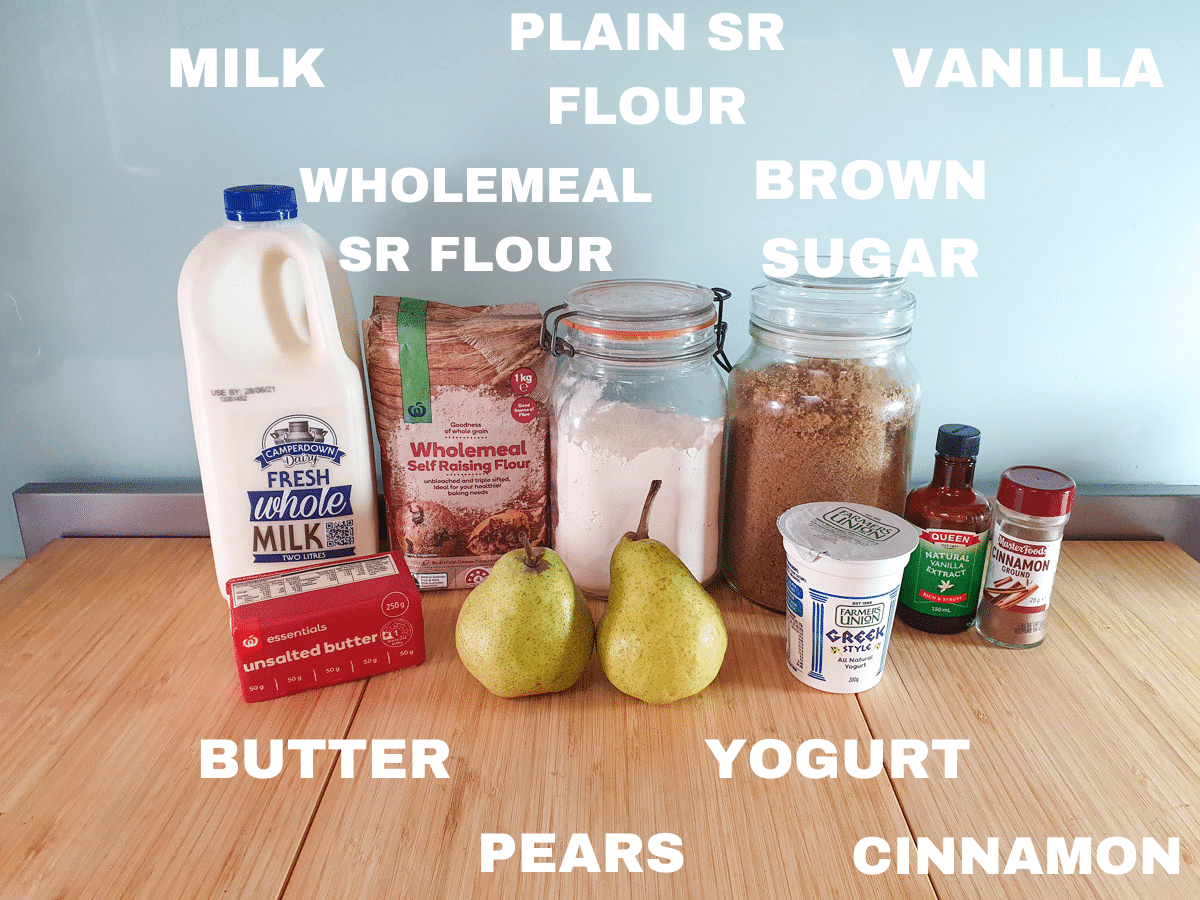 Pear muffins 2 Pear muffin ingredients, milk, butter, pears, wholemeal self raising flour, white self raising flour, brown sugar, Greek yogurt, vanilla extract, cinnamon.