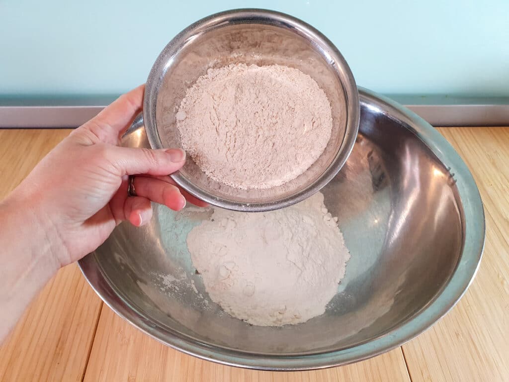 Pear muffins 3 Adding the wholemeal self raising flour.