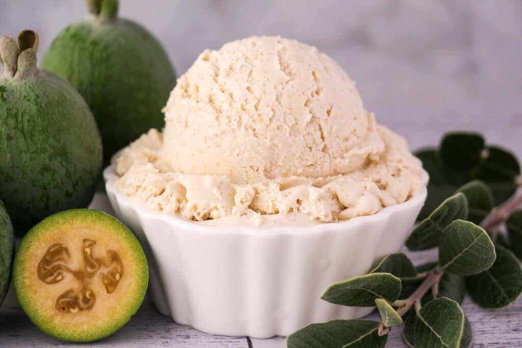 Feijoa recipes 20 Scoop of feijoa ice cream with fresh feijoa, vintage spoon and sprig of feijoa leaves.