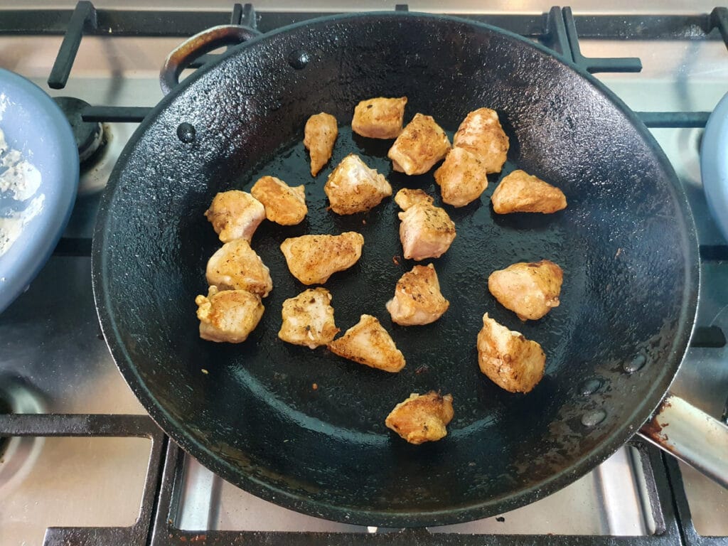 Chilli Chicken Gravy 15 Pan frying chicken in batches.
