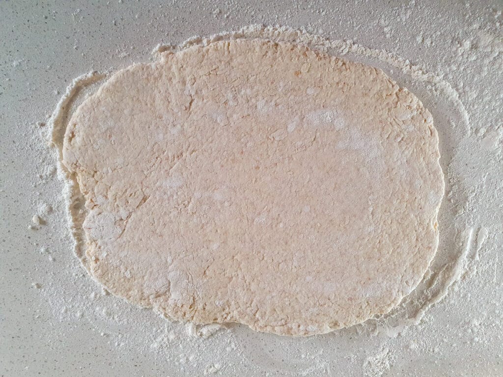 Cheesymite Scrolls 9 Dough rolled out to a rectangle approx. 30 by 15cm.