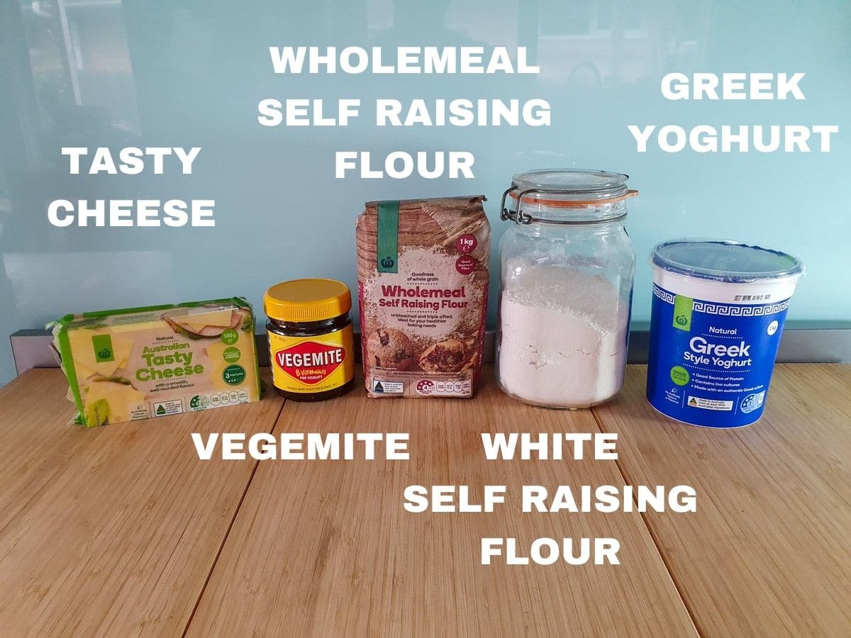 Cheesymite Scrolls 3 Scroll ingredients, tasty cheese, vegemite, wholemeal self raising flour, plain self raising flour, Greek yoghurt.