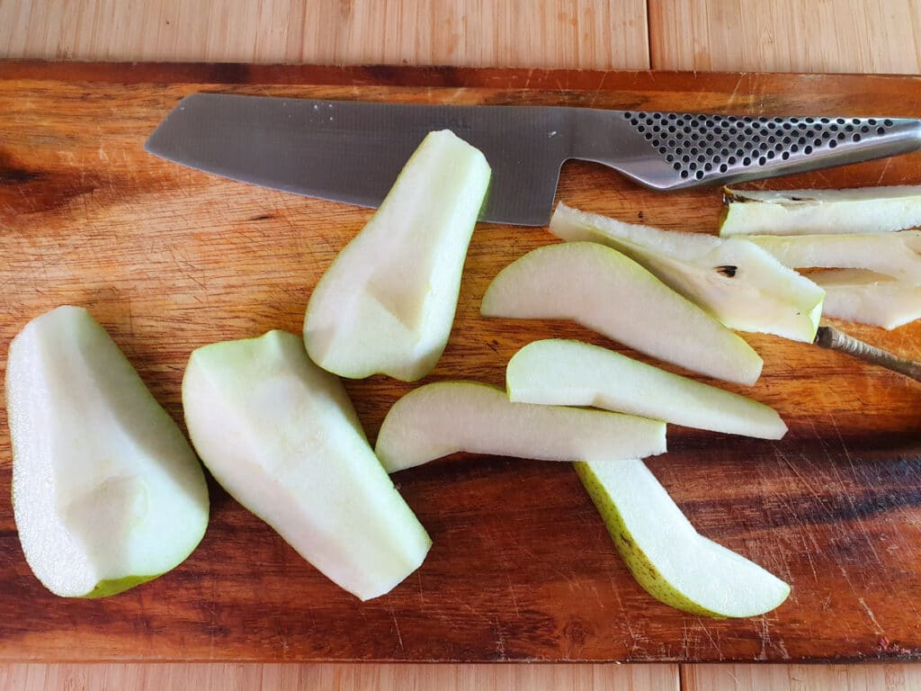 Rocket and Pear Salad 5 Coring and slicing pears.