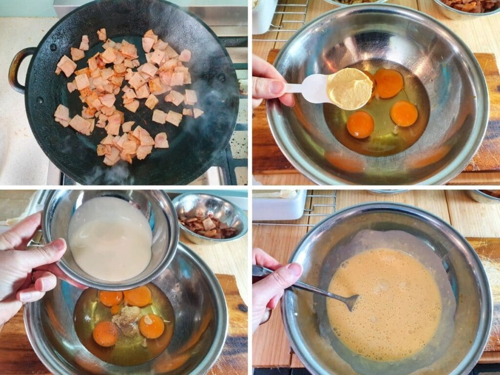 Bacon and Egg Pie 5 Process shots mk2: frying off chopped bacon and onion, adding mustard and eggs to bowl, adding cream, whisking together.