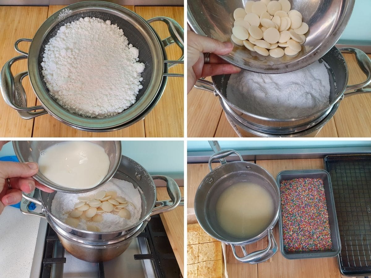 Fairy Bread Lamingtons 6 Process shots: sifting the icing sugar, adding chocolate and milk to top of double boiler to mix and melt, setting up assembly station with cake, icing, sprinkles and cooling rack on a tray.