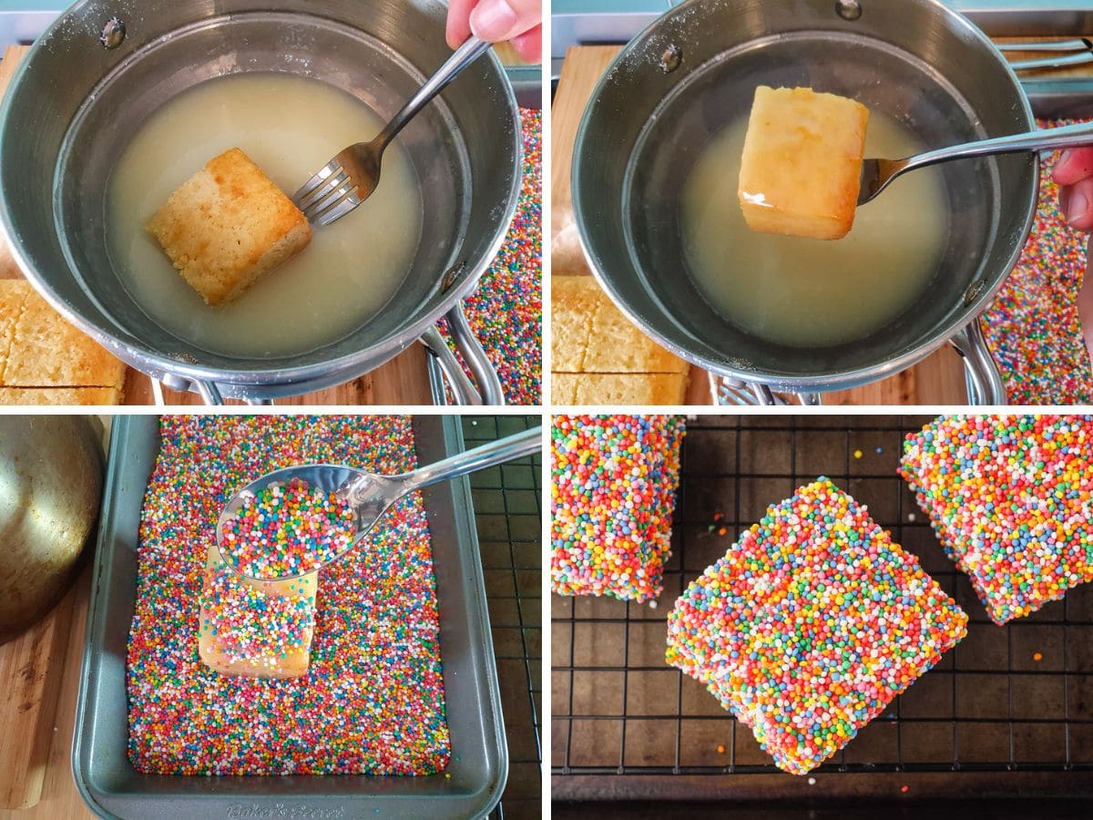 Fairy Bread Lamingtons 7 Process shots: dropping cake piece into white chocolate icing and flipping to coat, holding cake up on a fork to drain excess icing, piling sprinkles around dipped cake to coat, putting cake onto cooling rack to set.