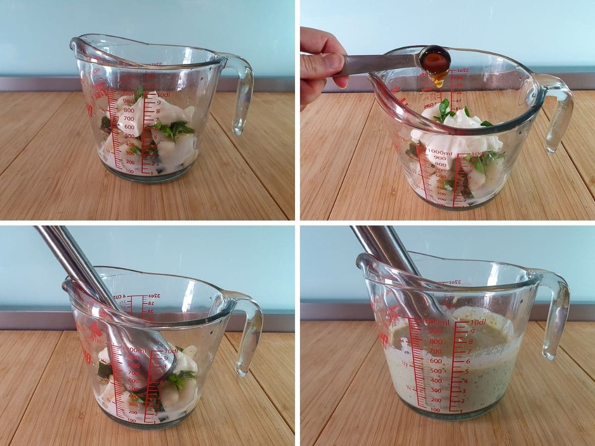 Feijoa Smoothie 5 Process shots: adding ingredients to jug, adding honey, blitzing with stick/immersion blender.