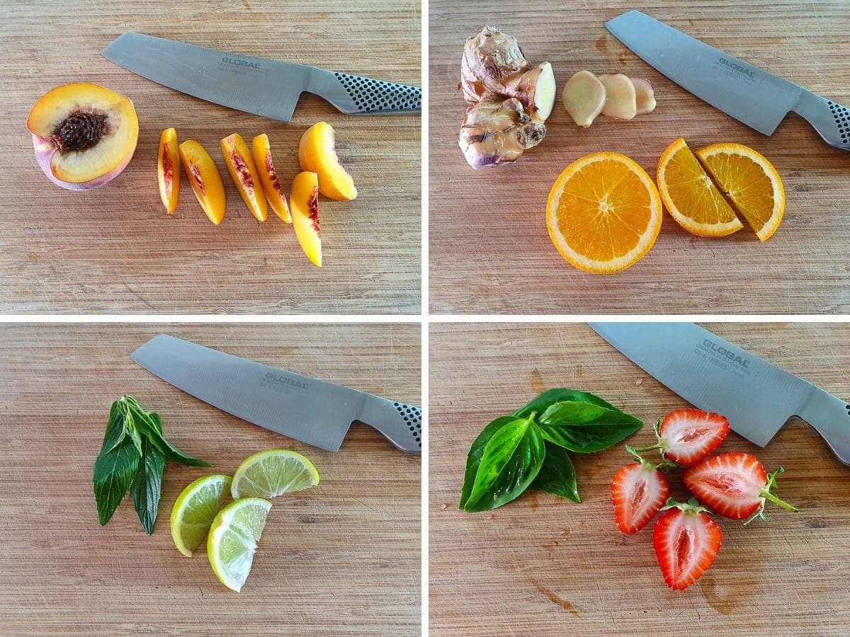 Peach Water 5 Process shots: slicing peaches, getting mixins ready, ginger and orange, mint and lime and basil and strawberry.