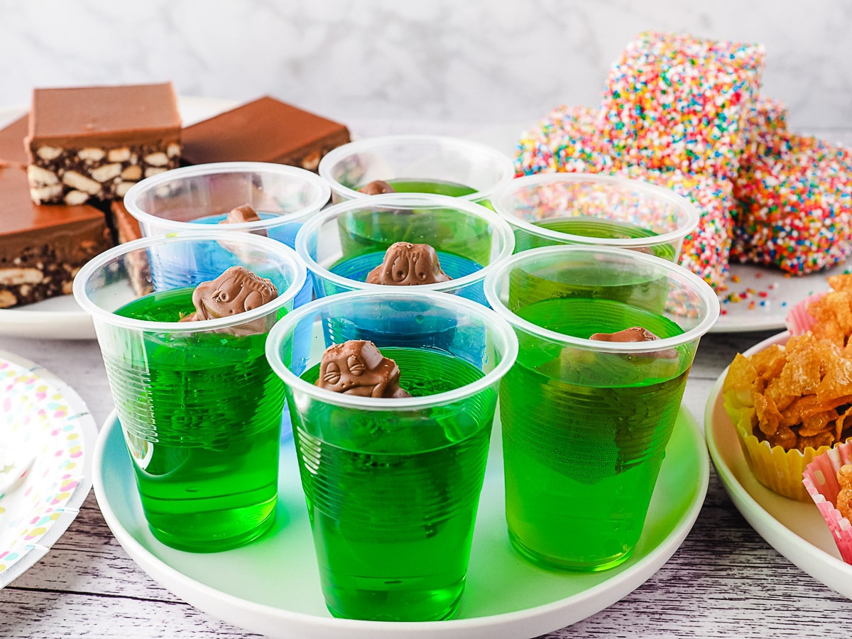 Frog In The Pond 2 Jelly cup on a party plate with a spoon and party food in the background.
