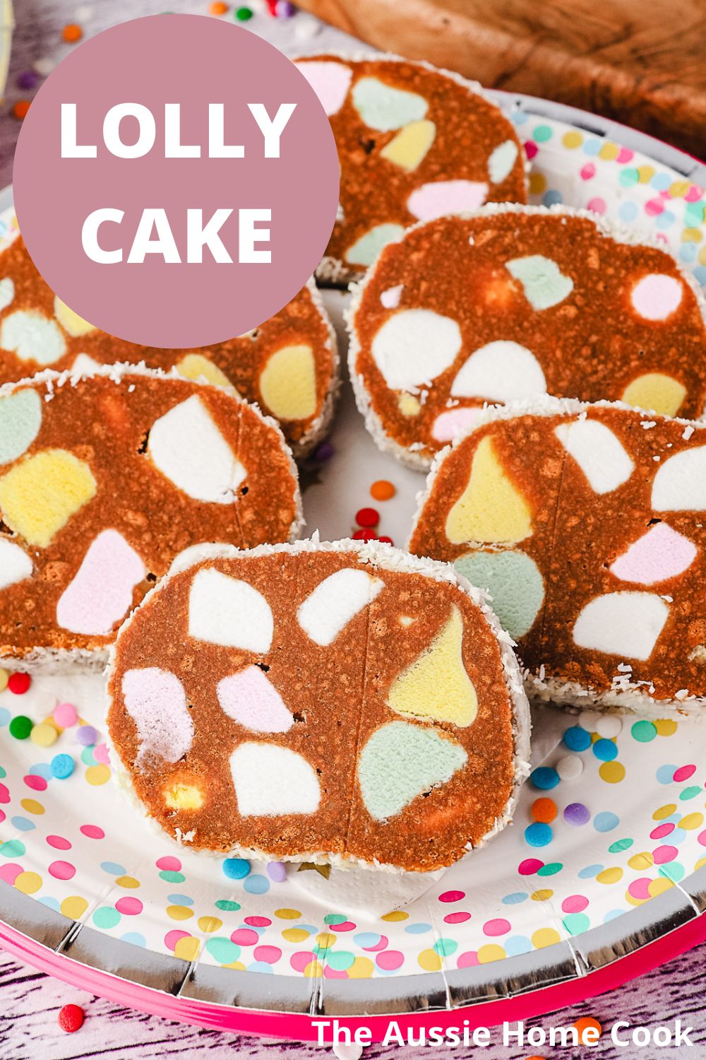 Lolly Cake 10 Slices of lolly cake on a party plate, with text overlay.