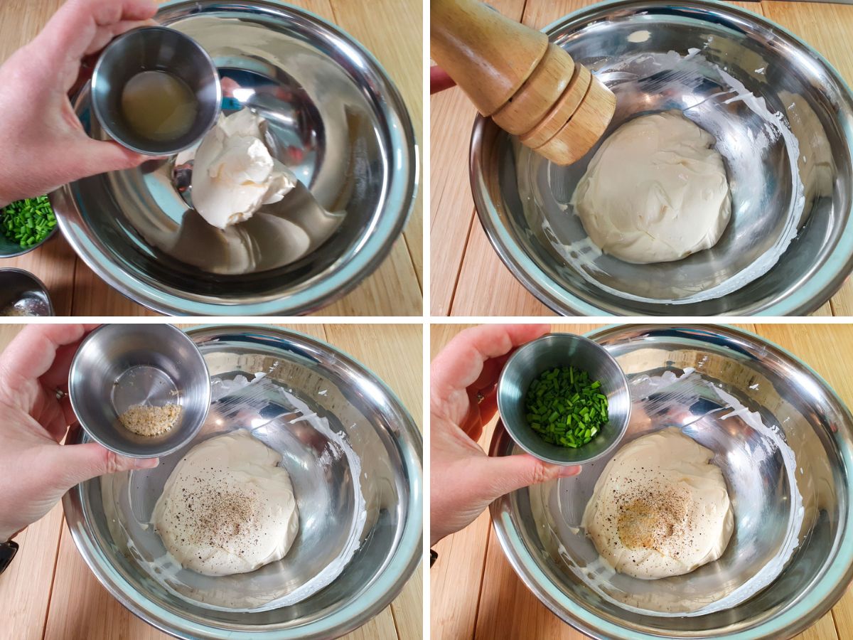 Sour Cream Dip 5 Process shots: adding lemon juice, black pepper, garlic salt and fresh gives, then mix.