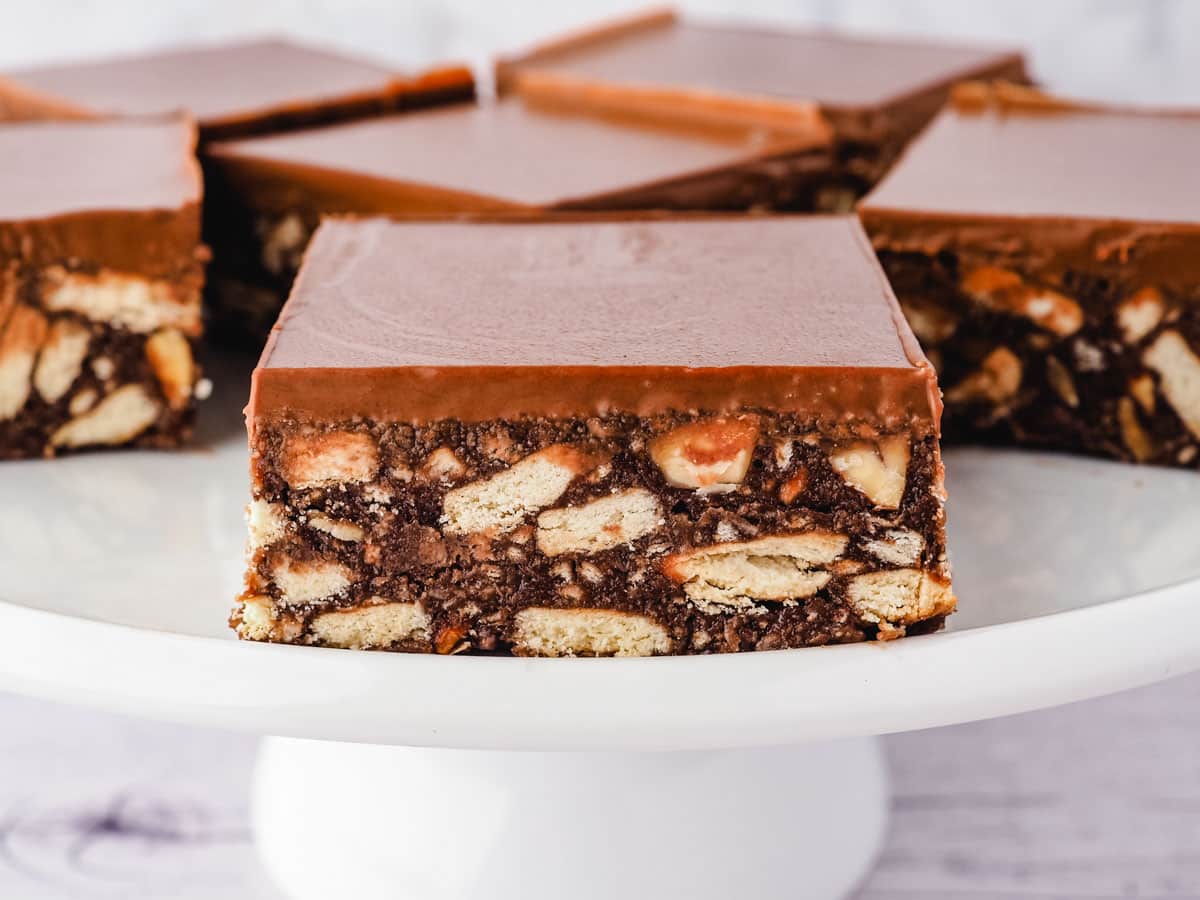 Hedgehog Slice 8 Pieces of hedgehog slice on a cake stand.