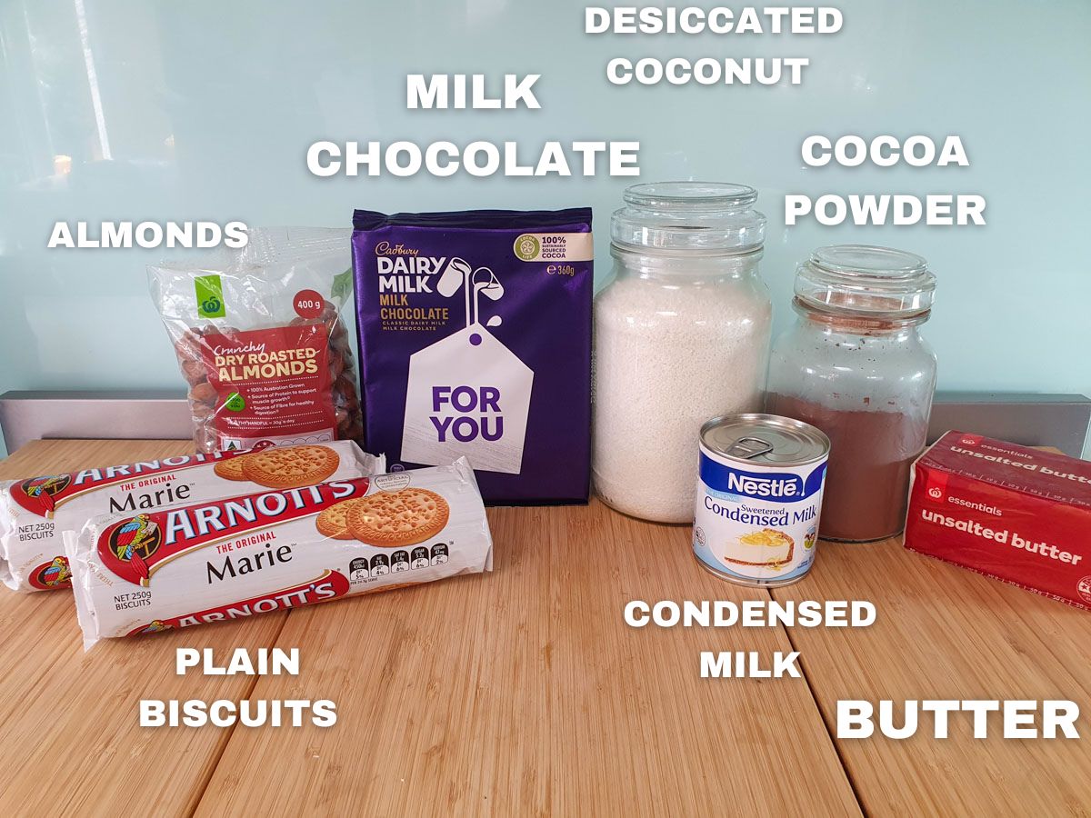 Hedgehog Slice 2 Ingredients: plain biscuits, almonds, milk chocolate, desiccated coconut, condensed milk, cocoa powers, butter.