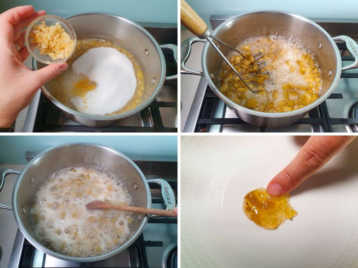 Feijoa Jam 4 Process shots: finely chopping lemon zest and candied ginger, peeling and dicing feijoas.