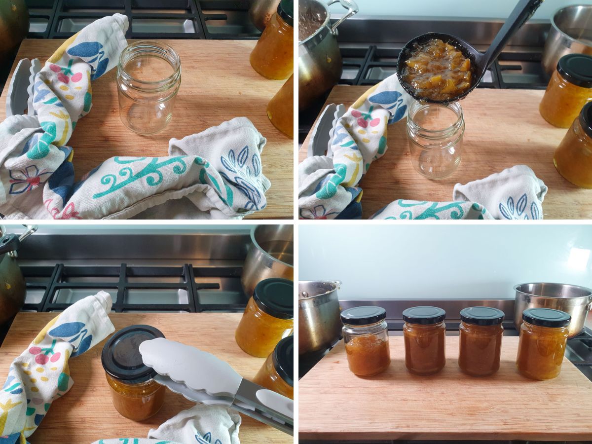 Feijoa Jam 5 Process shots: removing sterilised jar from oven, ladling in hot jam, adding hot lid, filled jam jars.