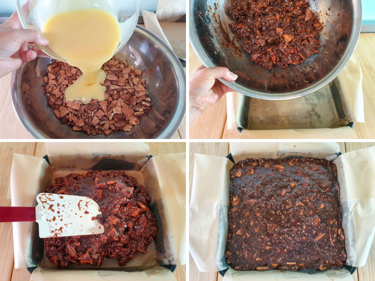 Hedgehog Slice 4 Process shots: adding melted butter and condensed milk to dry ingredients, tipping into lined cake tin and spreading out evenly.