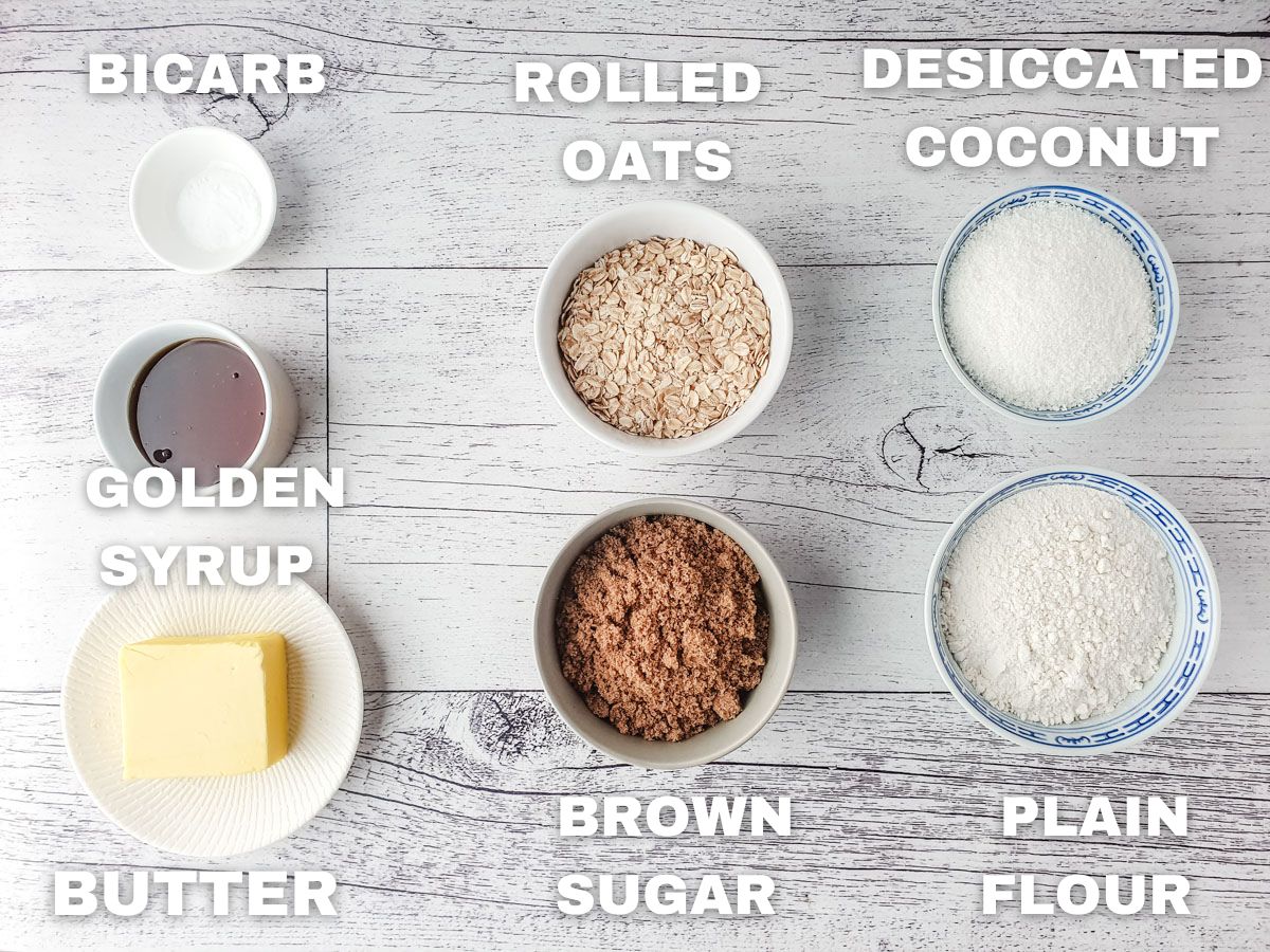 Anzac Slice 2 Ingredients: bicarb, golden syrup, unsalted butter, rolled oats, brown sugar, desiccated coconut, plain flour.