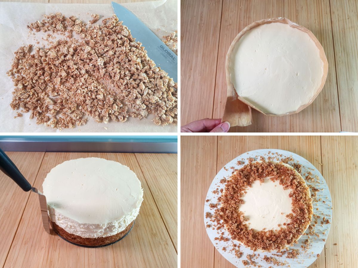 Anzac Cheesecake 8 Process shots: chopping crumb for decoration, pealing baking paper off set cheesecake, smoothing edges with a spatula, sprinkling with chopped up crumb.