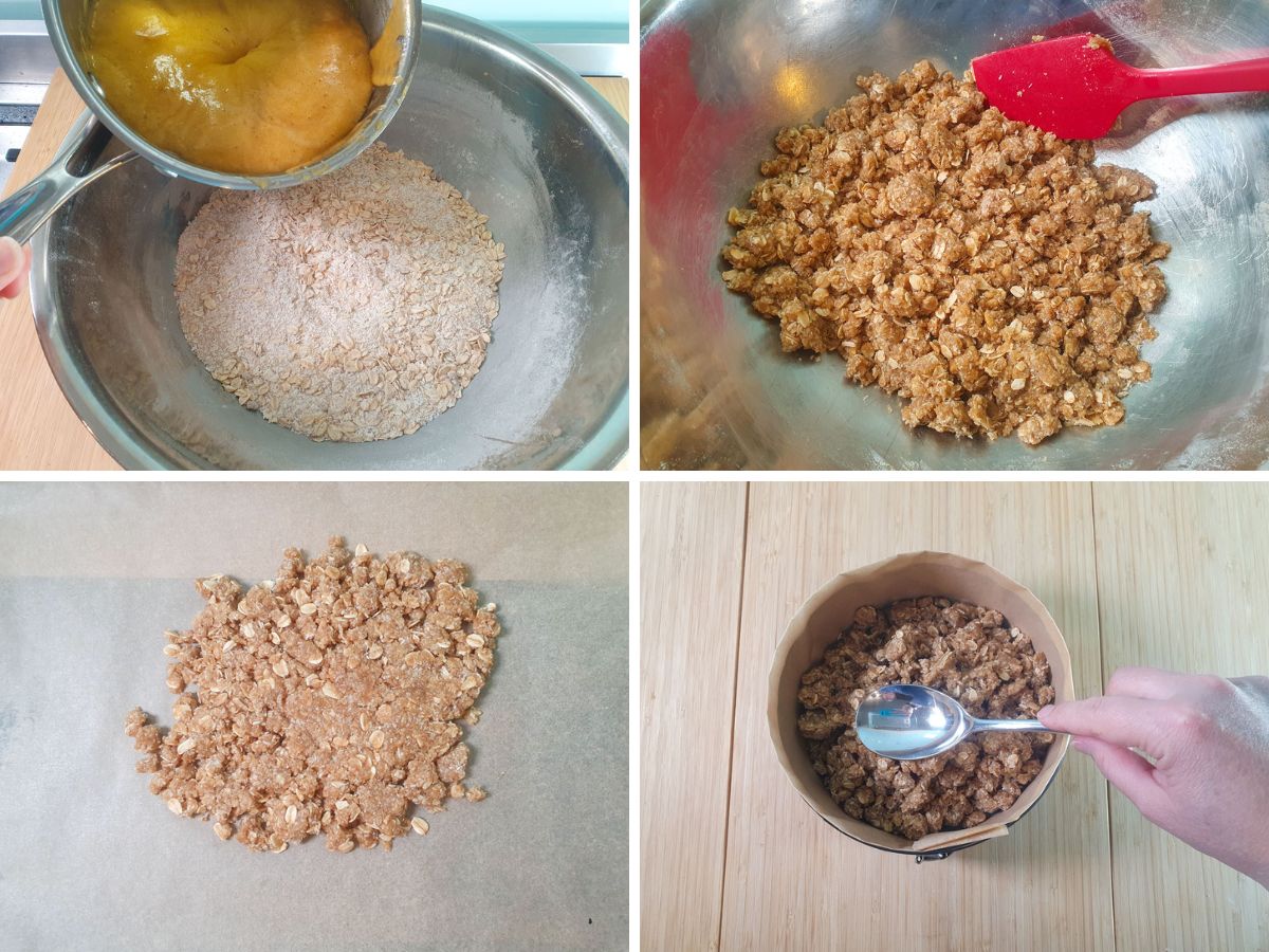 Anzac Cheesecake 5 Process shots: adding foaming butter mix to dry ingredients and mixing well, quarter of mix flattened on a baking tray, rest of mix added to lined cheesecake tin.