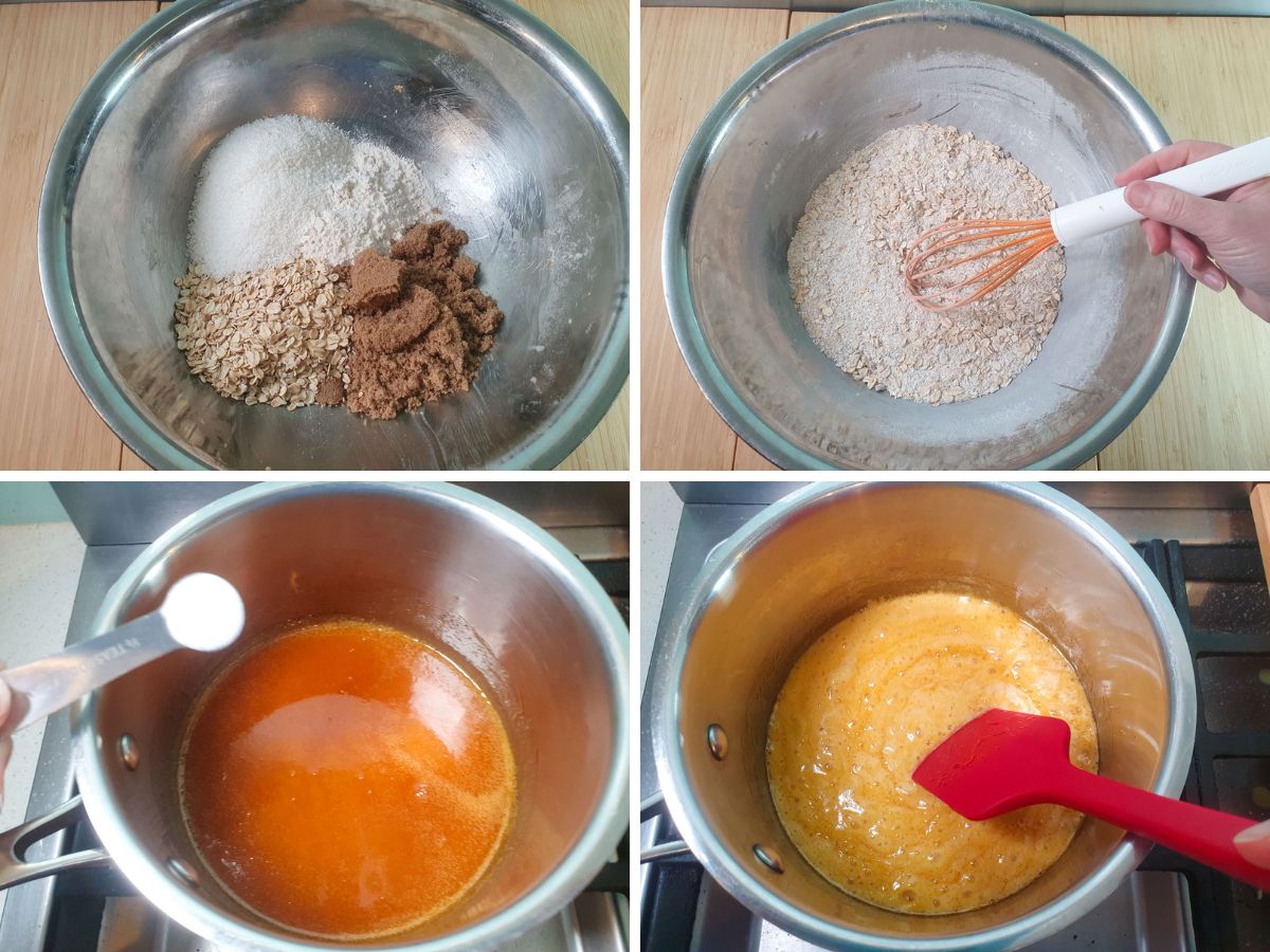 Anzac Slice 3 Process shots: dry ingredients except bicarb in a mixing bowl, mixing with a whisk, separately adding bicarb to melted butter and golden syrup, stirring foaming up mix after adding bicarb.