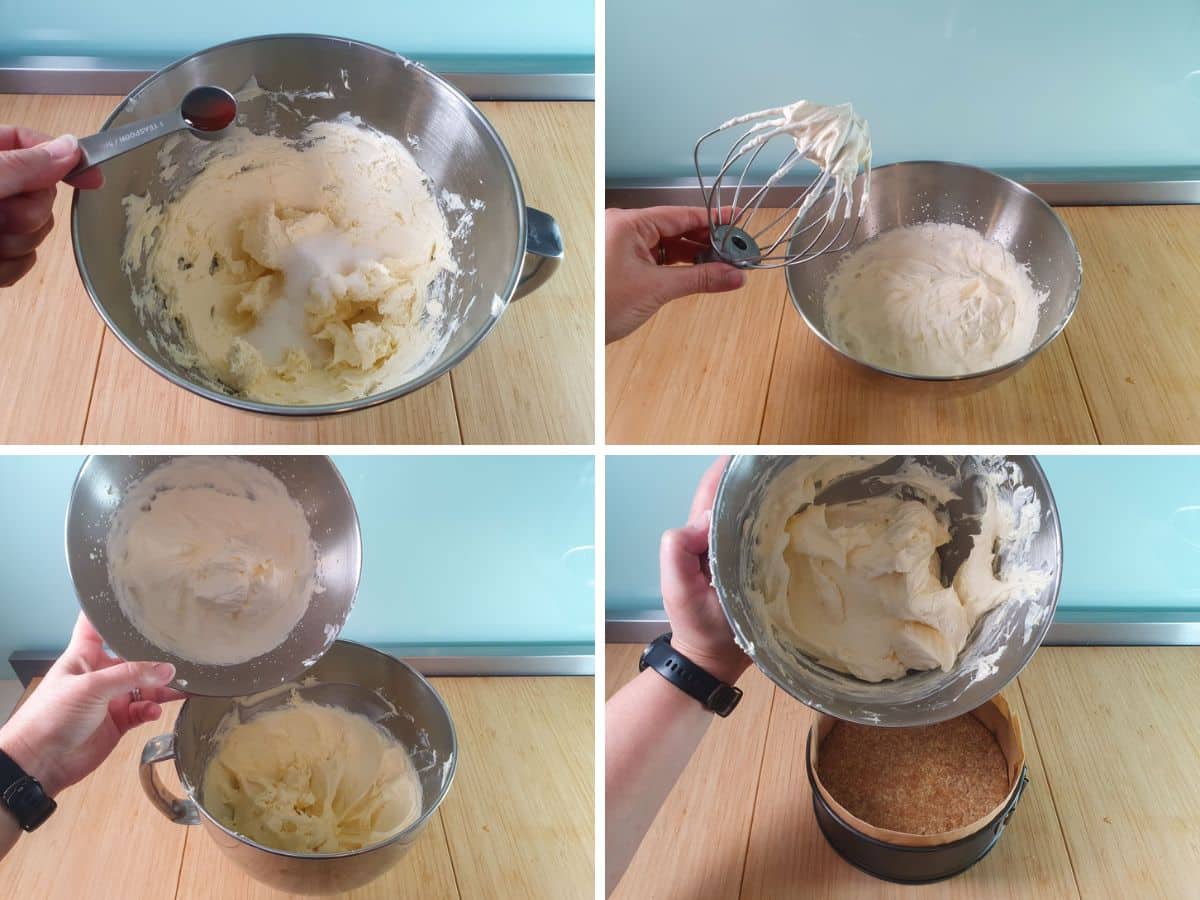 Anzac Cheesecake 6 Process shots: adding sugar, vanilla and lemon to softened cream cheese, whipping cream to firm peaks, adding cream to cream cheese mix, adding cheesecake filling to cold Anzac biscuit slice base.