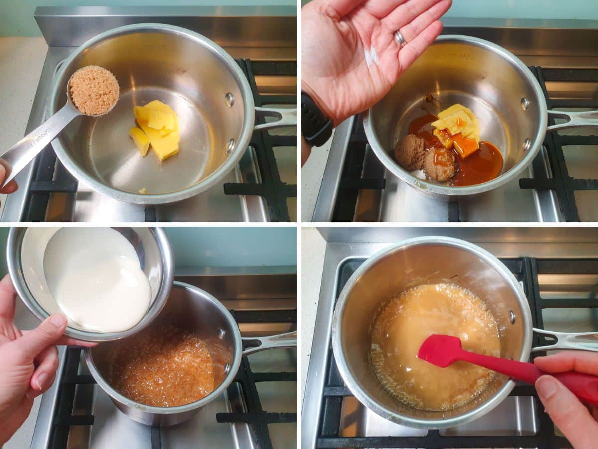 Anzac Cheesecake 7 Process shots: adding brown sugar, butter, golden syrup and salt, adding cream, stirring caramel.