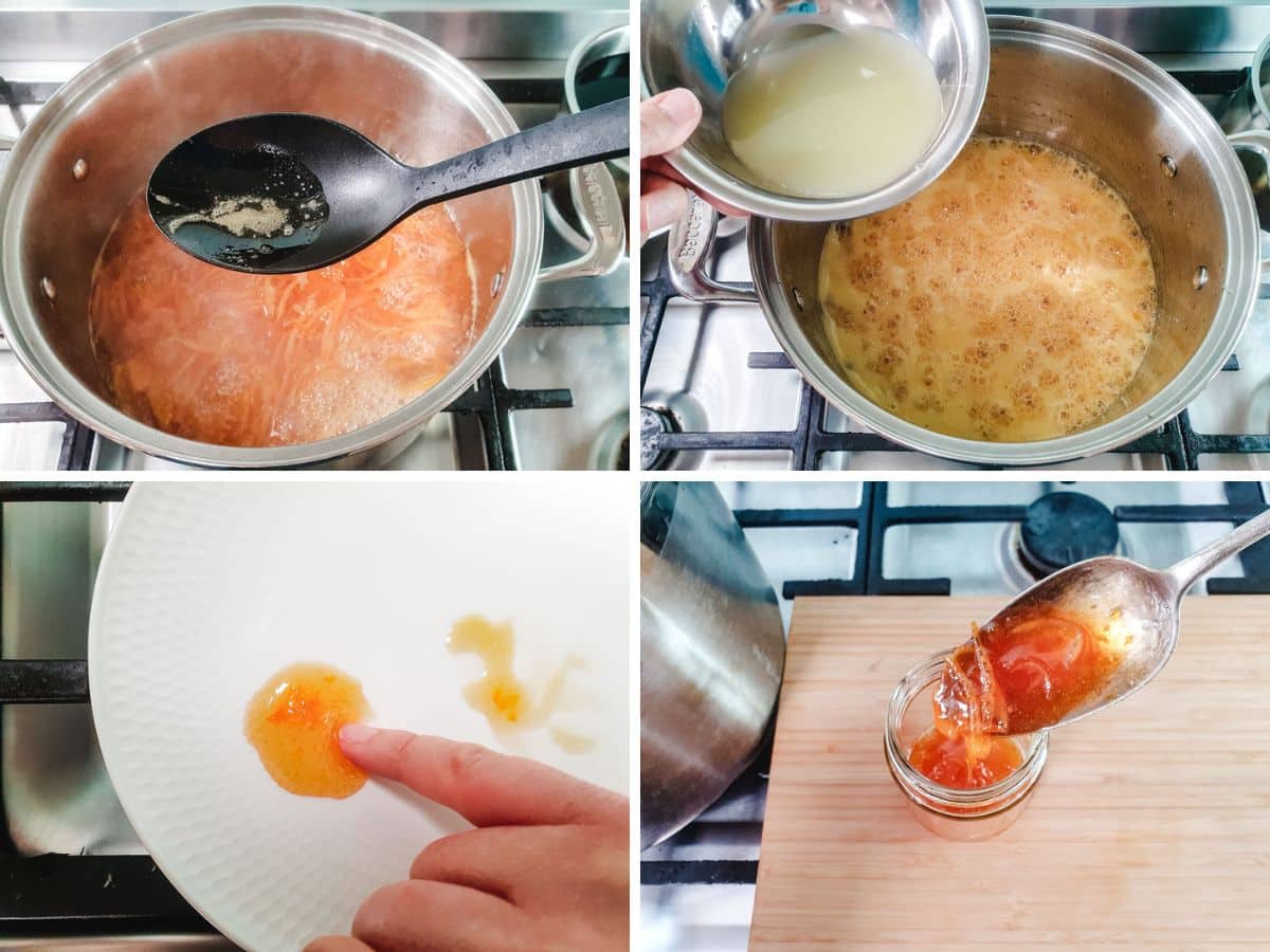 Mandarin Marmalade 4 Process shots: skimming foam, adding lemon juice, the finger wrinkle test, spooning done jam into jars.